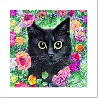 Black Cat In Flowers Posters and Art